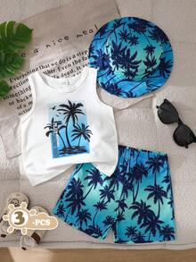 SHEIN Playful Pals 男婴三件套夏季套装：白色时尚字母印花背心、棕榈树印花沙滩短裤、配套帽子，适合海滩度假、日常休闲穿着和户外活动 - 藍色 - 查看 3