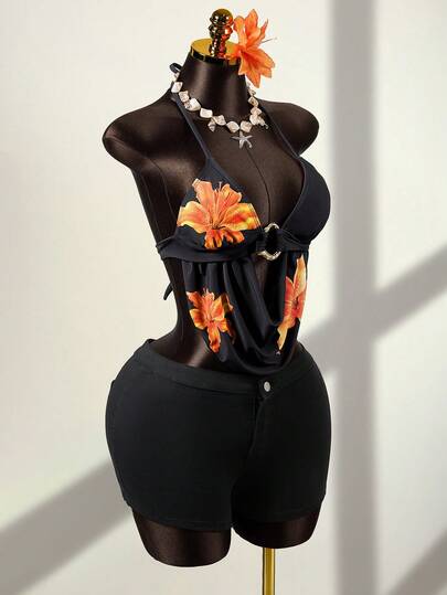 Zestiva 女士夏季度假休闲沙滩装热带花卉印花露背比基尼上衣