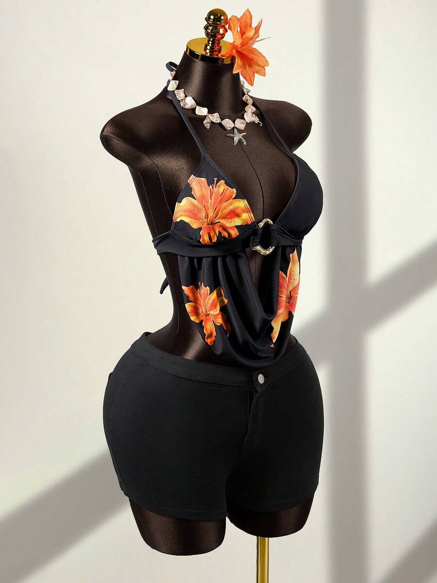 Zestiva Áo bikini cổ yếm họa tiết hoa nhiệt đới, thích hợp mặc đi biển mùa hè cho nữ. - Nhiều màu - Xem 1