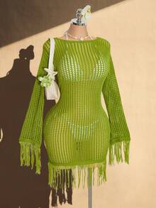 SHEIN ICON Vestido de punto calado con flecos y diseño hueco para vacaciones y playa para mujer de talla grande - Verde Oliva - Ver 9