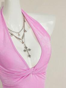 SHEIN ICON 女士纯色露背吊带扭褶修身休闲上衣 - 淺粉色 - 查看 6