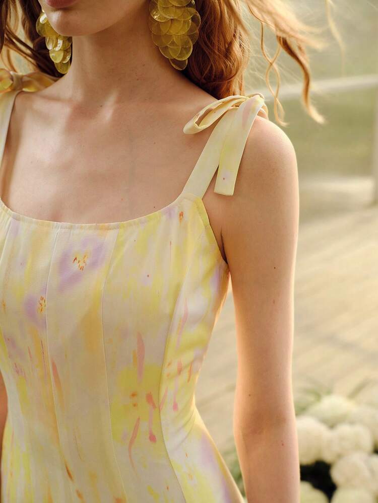 SUMMER ELEGANT VACATION SPAGHETTI STRAP SLEEVELESS TIE SHOULDER FLORAL PRINT DRESS
