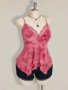 SHEIN ICON 大码嬉皮风蕾丝撞色印花不对称下摆吊带背心，适合音乐节、暑假、毕业典礼和返校季穿着。 - 粉色 - 查看 7