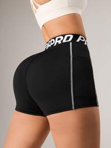 Dewbera 高腰修身运动短裤，带口袋和字母印花抽绳，女士款 - 收腹提臀，柔软舒适，适合跑步、骑行、瑜伽、匹克球等运动，黑色 - 黑色 - 查看 2