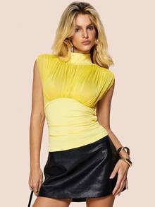 Olia Maree Olia Maree Elegant Contrast Color Splicing Mesh Stand Collar Ruched Waist Blouse, Summer Yelow Top Ruched Tops For Women Yellow Party Top Yellow Tops For Women Elegant - Yellow - View 4