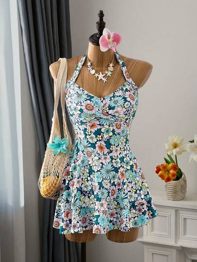 Bellisia 女士夏季度假碎花吊带扭杯连体泳衣比基尼套装沙滩装