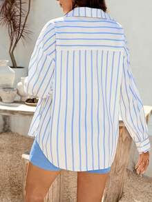 SHEIN 3件套孕妇条纹长袖衬衫、纯色背心和短裤休闲套装 - 藍色 - 查看 2