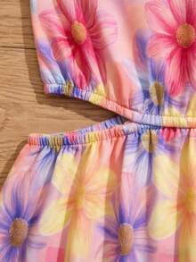 1pc Tween GirlsGradient Plaid Daisy Print Sleeveless A-Line Mini Dress, Vacation & Beach Casual Outfit - White - View 4