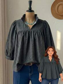 Rusticease Áo sơ mi nữ cỡ lớn màu đen, chất liệu vải dệt họa tiết, kiểu dáng tối giản, phù hợp cho mùa hè. - màu đen - Xem 1