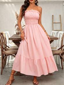 EMERY ROSE Women Casual Strapless Summer Holiday Dress With Simple Frill Trimmed Decoration Maxi Women Outfit - Baby Pink - View 3