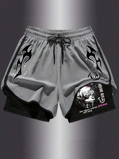 Sport MetroGents Men's Flame Print Drawstring Waist Double Layer Sports Shorts