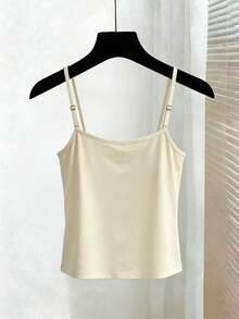SHEIN EZwear Champagne Satin Pearl Decor Camisole, Lustrous Beaded Camisole Top, Suitable For Beach, Vacation, Shopping, Dating In Summer Casual Vacation Daily Wear Clothes Tops Birthday Party Summer New Arrival - Champagne - View 2