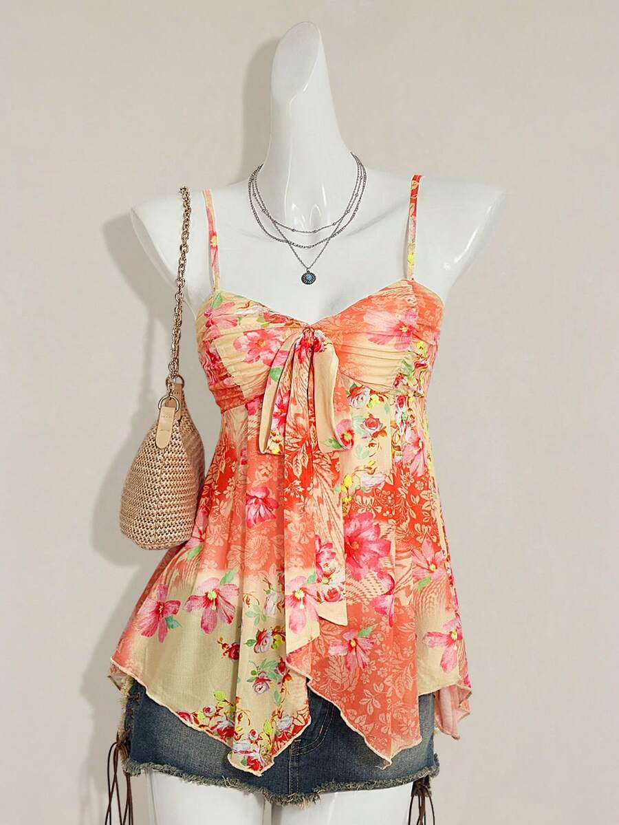 SHEIN ICON 女士绿色花卉印花吊带网眼背心，休闲度假装 - 橘色 - 查看 1