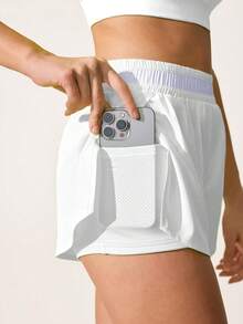 SHEIN Core Rhythm Casual Versatile White Waistband Splice Mesh Slim Fit Pockets Sports Shorts - White - View 4