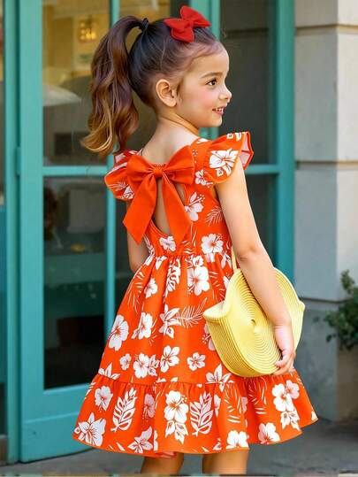 SHEIN Elladie kids Girls' Elegant Butterfly Print Round Neck Cap Sleeve Hollow Back Bow Decor Waist Ruffle Hem Casual Dress, Suitable For Vacation & Travel, Summer
