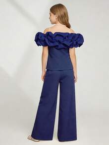SHEIN Setelan Celana Panjang Model Korea Warna Biru Tua 2 Potong untuk Remaja Perempuan, Manis & Lembut, Potongan Lebar di Bagian Bawah, Satu Bahu, Cocok untuk Musim Panas, Pernikahan, Pakaian Sehari-hari, dan Pesta - Navy Blue - View 2
