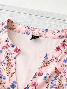 Linhara Áo kiểu dáng thanh lịch, cổ chữ V, tay lửng 3/4, cỡ nhỏ, họa tiết hoa nhí, size lớn. - Bụi hồng - Xem 5