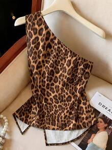 GlowEve CURVE Plus Size Women's Chocolate Brown Leopard Print Blouse, Summer Classy Sexy Night Out Tea Party Club Asymmetric Collar Sleeveless Cinched Waist A-Line - Multicolor - View 2