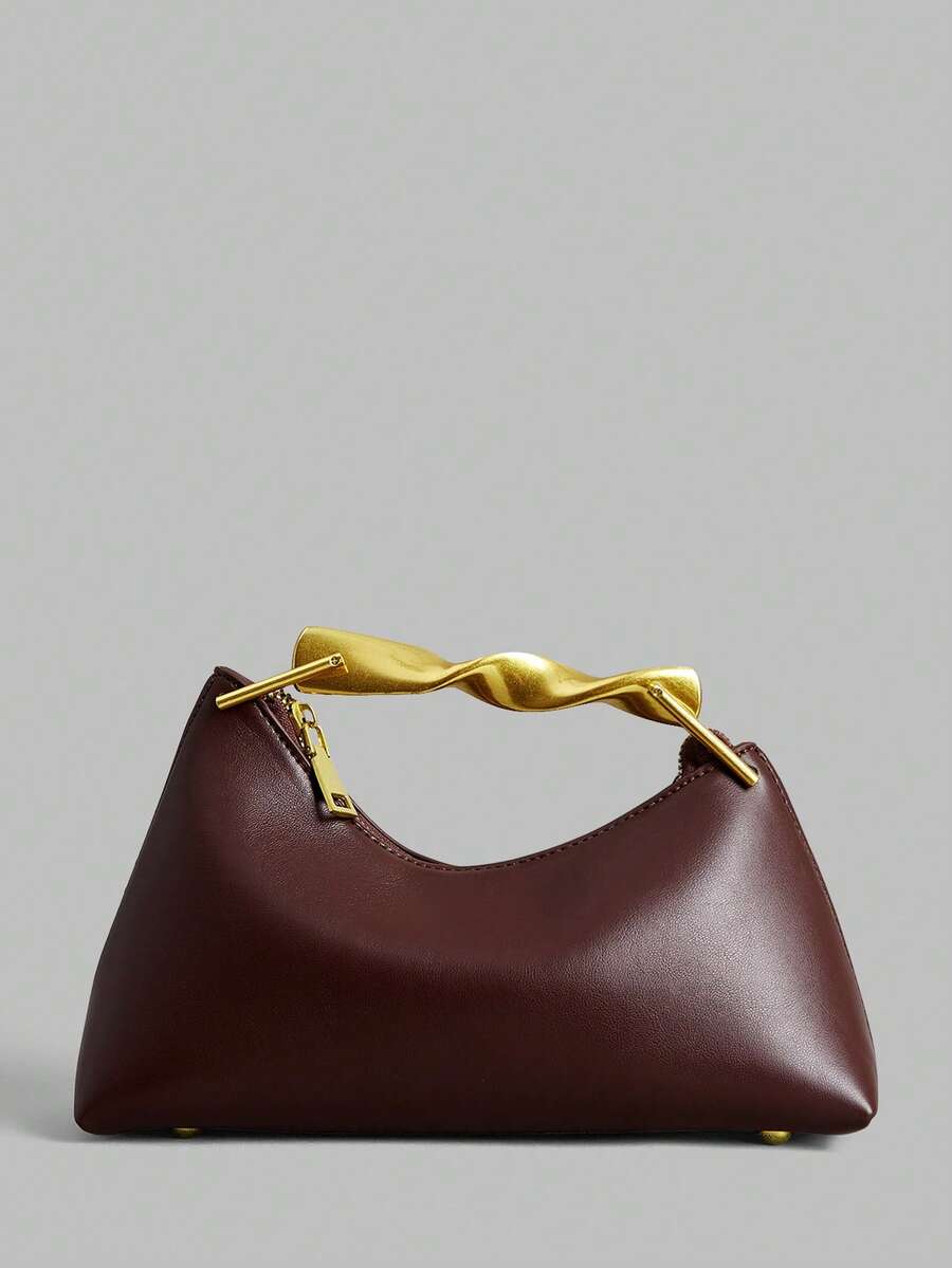 Ontre Women's Stylish Minimalist Asymmetrical Design Brown Handbag With Exquisite Hardware Handle, Suitable For Commuting, Dating Old Money Style - Dark coffee - View 1