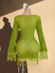 SHEIN ICON Vestido de punto calado con flecos y diseño hueco para vacaciones y playa para mujer de talla grande - Verde Oliva - Ver 2