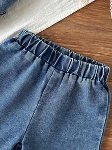 Bộ đồ thời trang thêu viền cho bé gái, mùa hè - Màu xanh lam - Xem 4