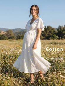 Boho Mama Đầm bầu thêu họa tiết trái tim, kiểu dáng thường ngày và phù hợp cho việc cho con bú, thích hợp mặc hàng ngày và đi nghỉ mát. - trắng - Xem 3