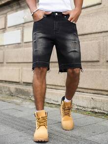 Manfinity EMRG Men's Casual Pocketed Button Wide Leg Denim Shorts, Versatile For Daily Wear - Black - View 6