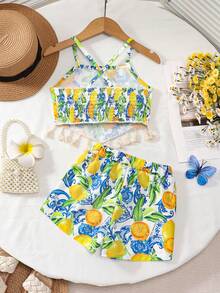 SHEIN Sparklyn Bộ đồ mùa hè mới cho bé gái: Áo không tay in hình chanh với tua rua ở gấu áo và quần short ống rộng in họa tiết retro, giản dị và sành điệu. - Màu vàng - Xem 2
