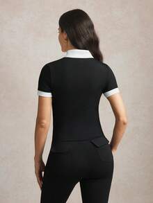 Activina Áo cưỡi ngựa tay ngắn cài khuy nửa thân tương phản dành cho nữ - Đen và trắng - Xem 2