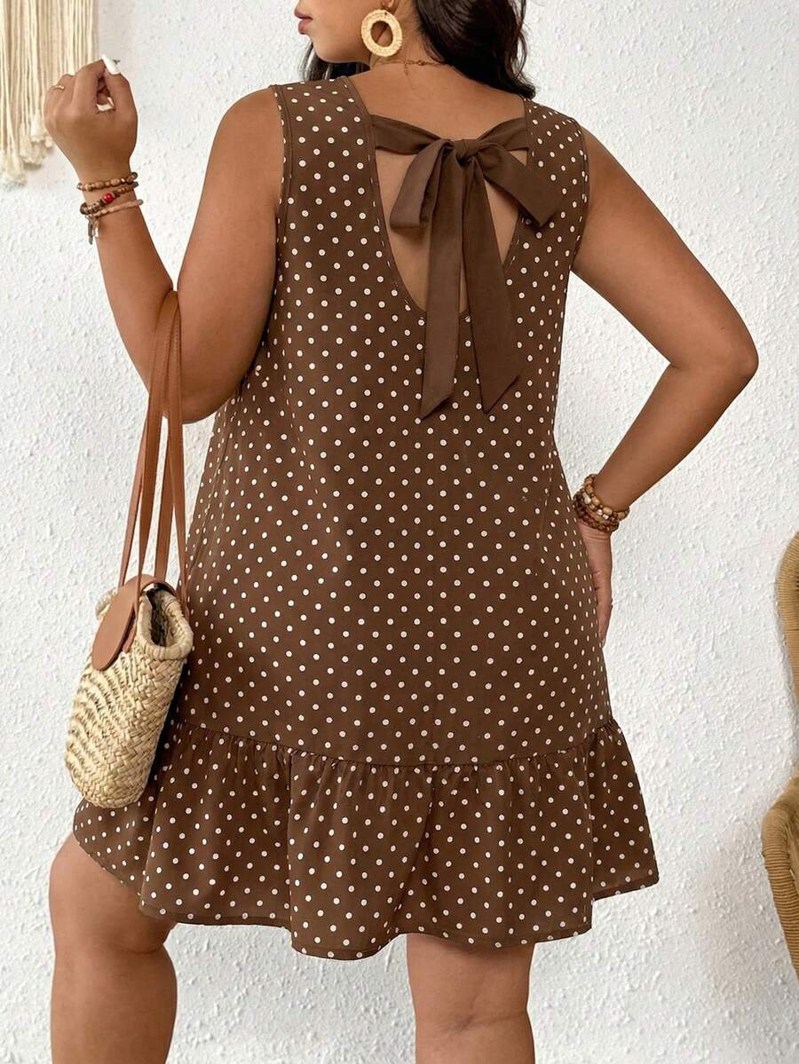 SHEIN Frenchy 大码女式波点印花无袖休闲连衣裙,适合度假、音乐节、夏季穿着,复古法式风格 - 棕色 - 查看 1