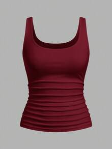 SHEIN CURVE+ 2pcs Plus Size Women Casual Crew Neck Ruched Waist Fitted Tank Top Set, Versatile For Daily Wear - Multicolor - View 3