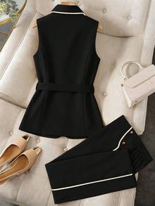 GlowEve CURVE Women's Plus Size Patchwork Elegant Blazer Jacket + Straight Leg Pants, Business Suit Set - Black - View 2