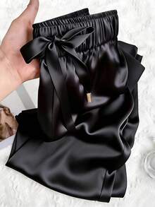 GlowEve CURVE Pantalones casuales de talla grande para mujer de unicolor con cintura elástica y cintura con lazo - Negro - Ver 1