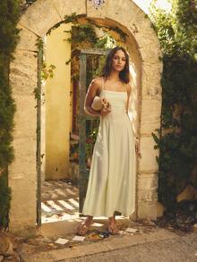 Aralina Vestido Minimalista de Sensação de Linho, Fluido, Longo, Sem Costas, Estilo de Férias, Vestidos de Verão para Mulheres - Verde - Visão 4