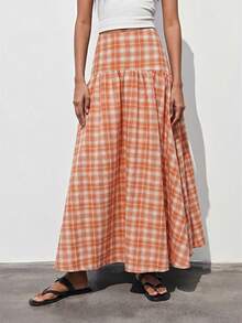 Maija Women's Casual Long Plaid Midi Skirt - Orange - View 4