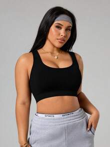 SHEIN Sports Plus Size Seamless Black Sports Bra For Women,Summer Athletic Curve Gym Tops,Strappy Back Spaghetti Straps Crop Top Activewear Athletic Tops - Black - View 3