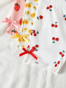SHEIN 3件套女婴0-3岁春夏新款休闲运动弹力罗纹针织柔软柔和色调粉色米色灰色三件套修身短裤，适合居家和户外穿着 - 彩色 - 查看 5