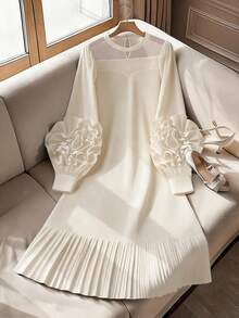 Plus Size Women Floral Decor Round Neck Casual Vacation Date Outing Long Sleeve Dress - Apricot - View 3