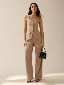 SHEIN Tall 女款時尚優雅通勤背心與長褲兩件套，度假穿搭，適合高個女性 - 卡其色 - 查看 6