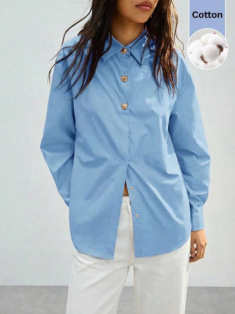 SHEIN Maija 2026 Modern City Lapel Long Sleeve Metal Decor Button Loose Women Shirt, Suitable For Early Autumn Transition And Back To School Season, Spring Break Blue Shirt