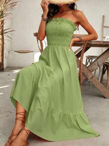 Breezaya Women Casual Strapless Summer Holiday Dress With Simple Frill Trimmed Decoration Maxi Women Outfit - Limelight Green - View 5