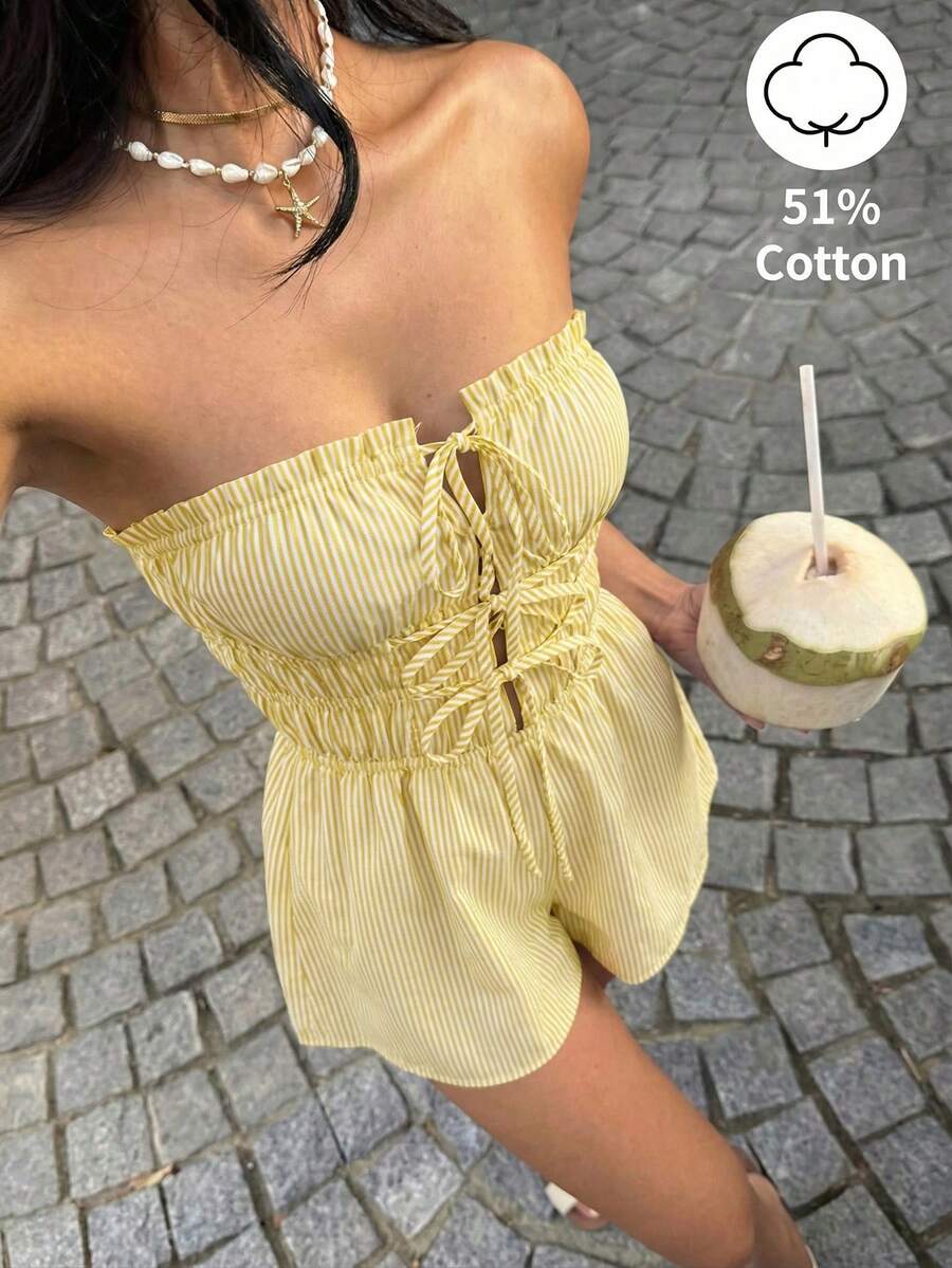 Sunnyshic 蓝白条纹棉质开襟系带荷叶边短款连体裤，女士春夏度假海滩通勤优雅可爱简约百搭日常装 - 黃色 - 查看 1