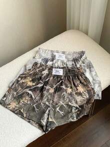SHEIN EZwear 2件組大尺碼樹枝印花短褲，極簡百搭舒適休閒 Y2K 女款度假短褲，適合夏季 - 彩色 - 查看 1