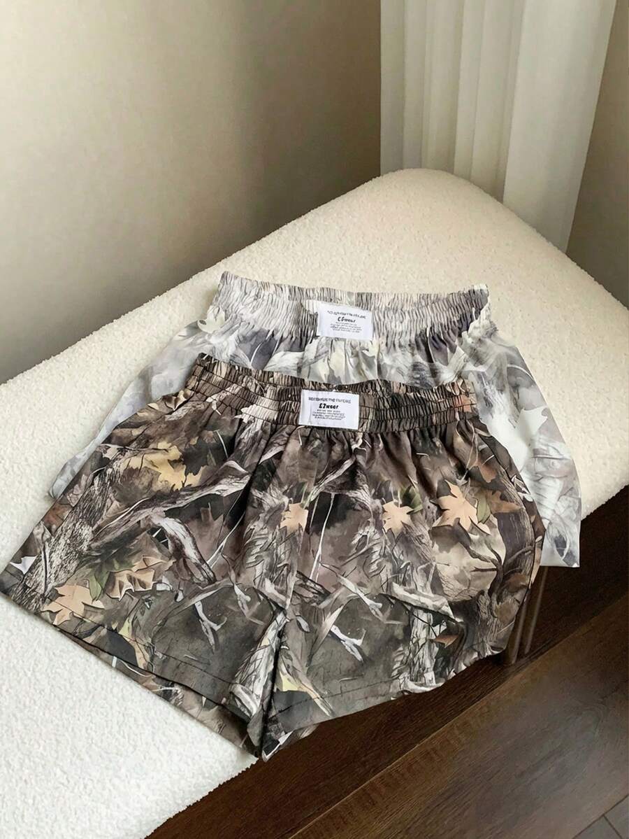 SHEIN EZwear 2件組大尺碼樹枝印花短褲,極簡百搭舒適休閒 Y2K 女款度假短褲,適合夏季 - 彩色 - 查看 1