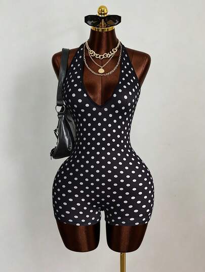 Mistrie Polka Dot Print Halter Backless Sexy Jumpsuit, Fitted For Summer Mini Dress Sheer Knitted Fabric Plain Design,Spring/Summer,Black Asymmetrical Bodycon , Perfect For Summer, Featuring A Sexy Mesh Panel Design. Ideal For Parties And Bars, This Layered Mesh Creates A Striking Visual Impact, Offering A Sexy, Breathable, Cool, And Simple Yet Elegant Look Crew Neck Short-Sleeved Solid Color Minimalist Style Clothing Item