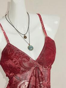 SHEIN ICON 女士时尚不对称印花吊带背心，夏季 - 酒紅色 - 查看 8