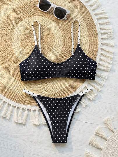 Swim SXY Women's Summer New Casual Cute Style Beach Swimsuit Set, All-Match Versatile Fresh Polka Dot Print Bikini 2-Piece