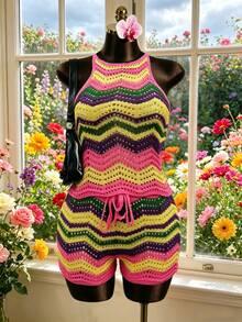 Swim Vcay 2pcs/Set Young Women's Elegant Multi-Color Knitted Top & Shorts Vacation Outfit For Summer - Multicolor - View 4