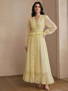 Anewsta Elegant Luxury Lace Patchwork Slim Fit Long Dress, Suitable For Spring To Summer, Dresses Party, Women, Floral - Light Yellow - View 6