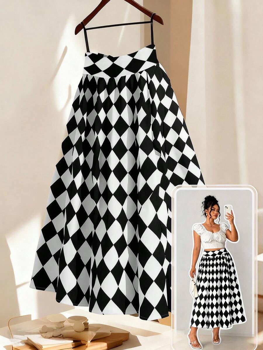 GlowEve CURVE Plus Size Elegant Embroidered Jacquard Skirt - Black and White - View 1